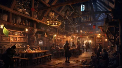 Fotobehang Cozy and bustling fantasy tavern, with adventurers, merchants, and creatures from all walks of life gathering for stories, music, and merriment © Damian Sobczyk