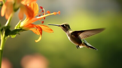 Fototapeta na wymiar a hummingbird flying towards a flower with its beak open and wings wide open, with a blurry background of orange flowers and green foliage. generative ai