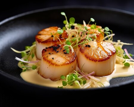 scallops plated elegantly with a creamy sauce drizzled artistically