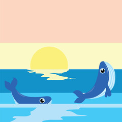 
Vector illustration of whales and evening in the ocean - obrazy, fototapety, plakaty