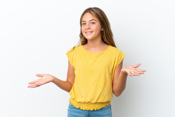 Little caucasian girl isolated on white background happy and smiling