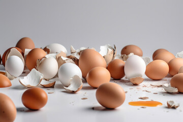 White backdrop with uncooked eggs. Generative AI