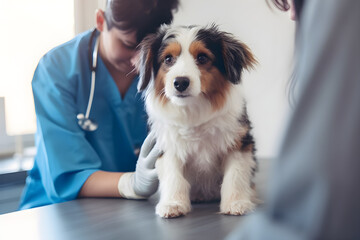 Veterinarian and assistant examine dog on table in veterinary clinic together. Pet healthcare and medical concept. close up