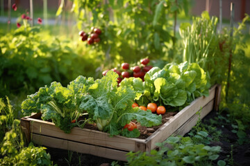 a vegetable garden with ripe tomatoes, cucumbers, and other fresh produce - Generative AI