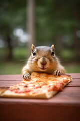 a squirrel attempting to steal a slice of pizza from a picnic table, with its paws stretched out and an eager expression on its face, vertical - Generative AI
