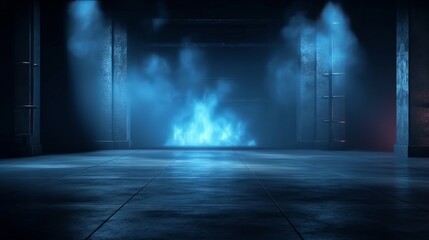 asphalt abstract dark blue background, empty dark scene, neon light, spotlights The concrete floor and studio room with smoke float up the interior texture for display products, Generative AI