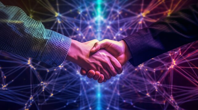 business man shaking hands with effect global network link connection and graph chart of stock market graphic diagram, digital technology, teamwork, partnership concept