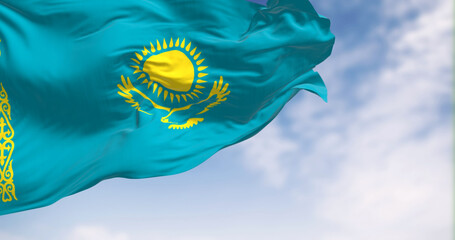 Close-up view of the Kazakhstan national flag waving