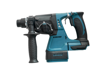 A professional tool for work, repair and construction in the store, isolated on white background. Sale of wired power tools and battery powered equipment in the shop