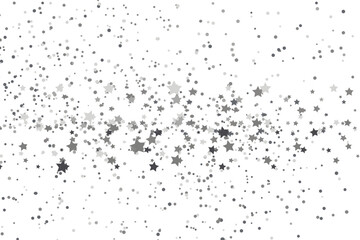 Stars grey glitter confetti isolated on blurred abstract white background. Festive holiday background. Celebration concept. Falling magic gold particles. Invitation mock up. Top view, flat lay