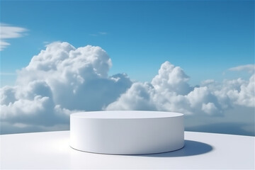 Abstract minimalistic background with a pedestal in the clouds. Empty podium for product demonstration with blue sky on background. AI generated content