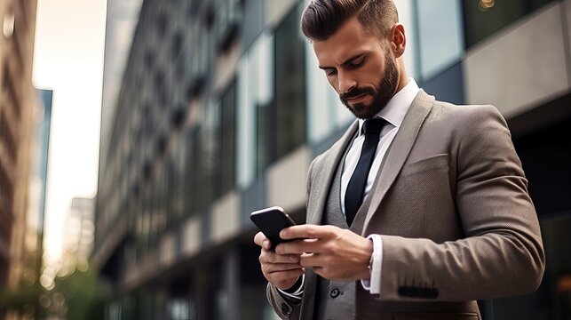 Close-up image of business man watching smart mobile phone device outdoors - Businessman networking typing an SMS message in city street, Generative AI