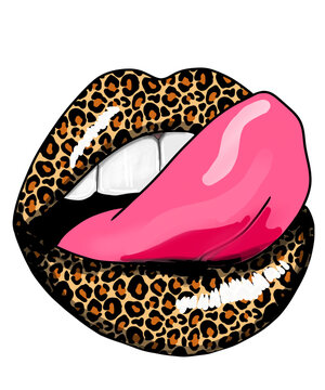 illustration of a female lips with leopard patterns, transparent no background.