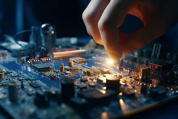 Seamless Integration: Hand Placing Chip on Motherboard - Perfect Image for Tech, Electronics, and Innovation Concepts - obrazy, fototapety, plakaty
