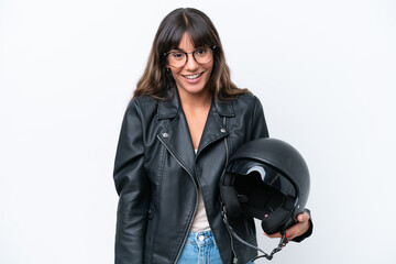 Young caucasian woman with a motorcycle helmet isolated on white background with surprise facial expression