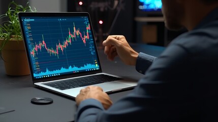 Obraz premium Business man using computer with cryptocurrency money link network concept. man using computer investing application. Stock market investment and trading cryptocurrency on app in hand, Generative AI