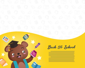 Back to school card with a cute bear and school supplies. Vector illustration
