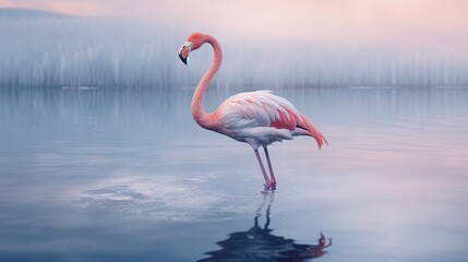 Fototapeta na wymiar a pink flamingo standing in the water with its head in the water and it's legs in the water and it's reflection. generative ai