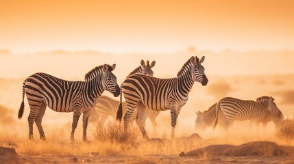 Obraz na płótnie Canvas a group of zebras standing in a field at sunset or dawn with dust blowing in the air and dust blowing in the air behind them. generative ai