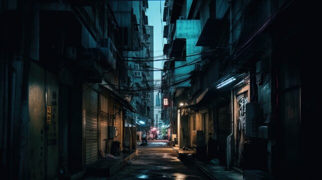 A dark alley with a few buildings and a street light. Generative AI image.