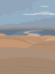 Vector landscape with sand dunes and river - 606515984