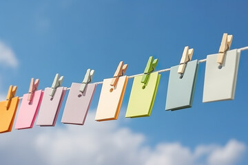 A row of colored paper notes hanging from a clothes line. Generative AI.