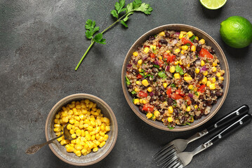 Vegetarian salad with quinoa, vegetables and legumes. View from above.