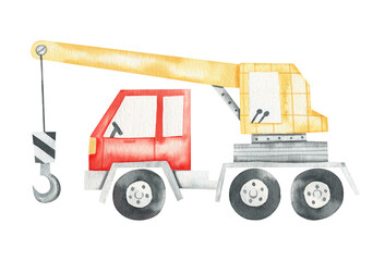 Fototapeta na wymiar A watercolor illustration of a cute construction truck. Cliparts for kids. Construction truck, car. Boy. Perfect for baby products, posters, invitations, cards, kids room, fabric.