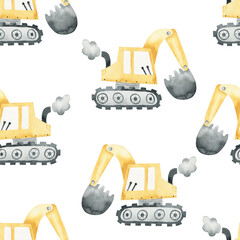 Seamless pattern with cute yellow excavators on a white background. Watercolor hand-drawn illustration of construction trucks.  Kids texture for fabric, wrapping, textile, wallpaper, apparel.