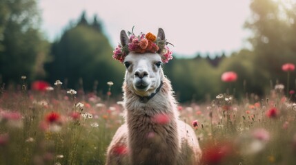 a llama with a flower crown on its head in a field of wildflowers with trees in the background and a pink flower in the foreground.  generative ai