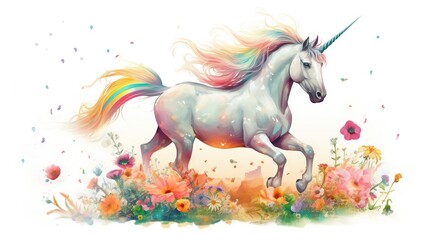 Obraz na płótnie Canvas a white unicorn with a rainbow mane running through a field of flowers and flowers on a white background with a splash of paint on it. generative ai