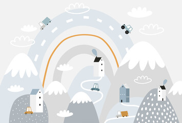 Vector children cute cars, mountain landscape, rainbow and clouds. City in the mountains, cute little houses. Scandinavian. Illustration. Kids wallpaper design. Baby room design, wall decor, mural.