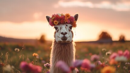  a llama with a flower crown on its head in a field of wildflowers at sunset with a pink sky in the background.  generative ai - obrazy, fototapety, plakaty