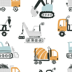 Vector hand-drawn seamless repeating children simple pattern with cars in Scandinavian style on a white background.Kids seamless pattern with building equipment. Funny construction transport