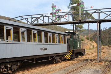 Fototapeta premium Diesel locomotive train with passenger carriages for travel through the Rio Tinto Mines