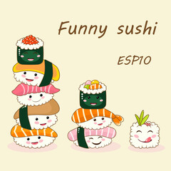 Cartoon character asian food. Big sticker set with sushi, roll, shrimp.