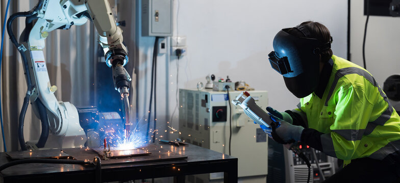 Male engineer working control robot arm system welding with welding protective mask at production plant factory. Workers control robot arm system welding at steel welding plants