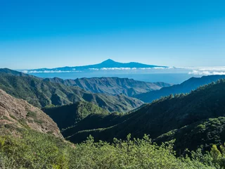 Foto op Canvas View over lush green landscape of national park Garajonay on La Gomera. In the background the island Tenerife with the Volcano Pico de Teide. Canary Islands, Spain. Blue sky, copy space. © Kristyna