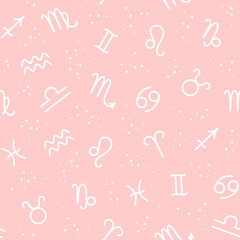 Seamless pattern of white zodiac signs and dots on a pink background. Vector illustration in flat style