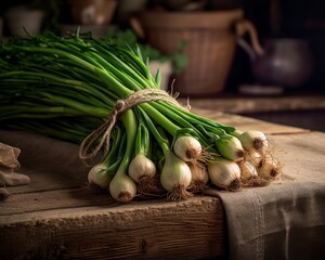 bunch of green onions tied together with twine, displayed on a rustic tablecloth