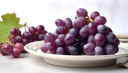Juicy purple bunch of grapes on a plate, isolated. Generative AI