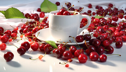 Cup with cherries, summer arrangement on the table filled with cherries, Generative AI
