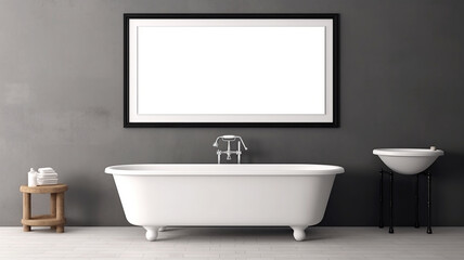 Fototapeta na wymiar Elevated Simplicity: A Minimalist Bathroom Features a Striking Center Bathtub