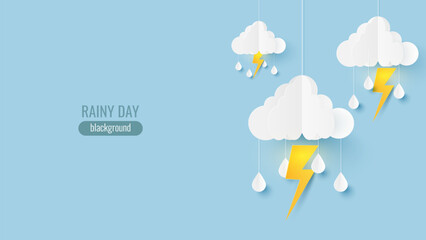Cloud and lightning with drops rain on blue background. Paper cut and craft style illustration. Rainy concept