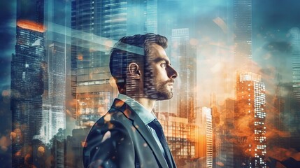 Double Exposure Image of Business man on modern city background. Future business and communication technology concept. Surreal futuristic cityscape, Generative AI