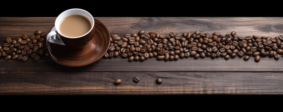 Cup of coffee latte with heart shape and coffee beans on old wooden background. Generated by AI