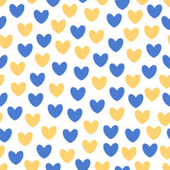 Hearts seamless pattern in Ukraine flag colors. Blue and yellow hearts. Texture for wallpaper, textile, fabric, wrapping paper. Vector illustration in flat style