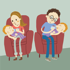 Vector illustration of a mother and father feeding their twin babies