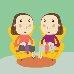 Vector illustration of two twins sitting knitting crochet