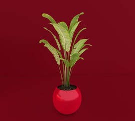 3d rendering of decorative plant vase inside isolated on red background.